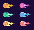 Asteroid flame. Colored space objects fireball meteor cartoon collection set
