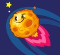 Asteroid flying in space. Square retro sticker in cartoon style. Vector illustration Royalty Free Stock Photo