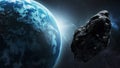 Asteroid and generic blue terrestrial planet with atmosphere scenery. Outer space or spacescape conceptual 3D rendering Royalty Free Stock Photo