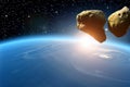 Asteroid. Giant asteroid cruising near Planet Earth scenery or spacescape. Outer space landscape and astronomy 3D