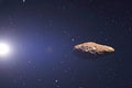 Asteroid. Giant asteroid cruising near Planet Earth scenery or spacescape. Outer space landscape and astronomy 3D