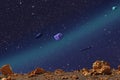 Asteroid. Giant asteroid cruising near Planet Earth scenery or spacescape. Outer space landscape and astronomy 3D