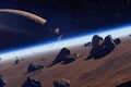 Asteroid. Giant asteroid cruising near Planet Earth scenery or spacescape. Outer space landscape and astronomy 3D