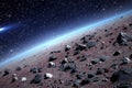 Asteroid. Giant asteroid cruising near Planet Earth scenery or spacescape. Outer space landscape and astronomy 3D