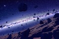 Asteroid. Giant asteroid cruising near Planet Earth scenery or spacescape. Outer space landscape and astronomy 3D