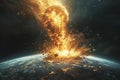 An asteroid hitting the earth, causing it to break up and be destroyed in an explosion of fire. Royalty Free Stock Photo