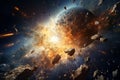 asteroid explosion while orbit in the galaxy,sci-fi concept, ai generated