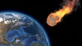 Asteroid Impact on Earth. Asteroid, comet, meteorite glows, enters the earth`s atmosphere. 3d rendering. Meteor Rain. Kameta tail