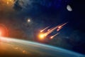 Group of burning exploding asteroids approaches to planet Earth Royalty Free Stock Photo