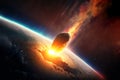 Asteroid impact, end of world, judgment day. Group of burning exploding asteroids from deep space approaches to planet Earth. Royalty Free Stock Photo