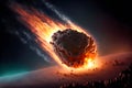 Asteroid impact, end of world, judgment day. Group of burning exploding asteroids from deep space approaches to planet Earth. Royalty Free Stock Photo