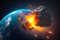 Asteroid impact, end of world, judgment day. Group of burning exploding asteroids from deep space approaches to planet Earth. Royalty Free Stock Photo