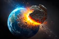 Asteroid impact, end of world, judgment day. Group of burning exploding asteroids from deep space approaches to planet Earth. Royalty Free Stock Photo