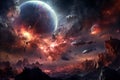 nebula and asteroid explosion in space, sci-fi concept, ai generated