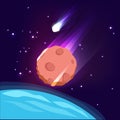 Asteroid in space. Meteorite in sky dark apocalypse concept big star comet glowing vector background