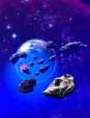 Asteroids around an alien blue planet