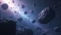 Asteroids float in deep space surrounded by stars. Large rocky objects drift in cosmic expanse with nebula background. Celestial Royalty Free Stock Photo