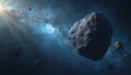 Asteroids floating in space with galaxy in background. Stone asteroid, comet in cosmos. World Asteroid Day concept, danger, Royalty Free Stock Photo
