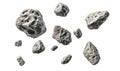 Asteroids floating in space, various sizes and textures, rocky surfaces, irregular shapes, shadows cast, isolated on Royalty Free Stock Photo