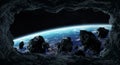 Asteroids flying close to planet Earth 3D rendering elements of