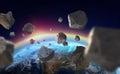 Asteroids near the planet Earth. Ozone layer. A view of the globe from space Royalty Free Stock Photo