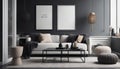 Asthetic composition of living room interior with mock up poster frame, modular sofa, black coffee table, white armchair, carpet,