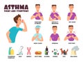 Asthma and allergy symptoms and causes with cartoon person uses inhaler. Asthmatic problems vector infographic