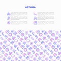 Asthma concept with thin line icons: allergen, dyspnea, cough, wheezing, chest pain, diaphragm, asthma attack, hives, sputum, peak