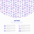 Asthma concept with thin line icons: allergen, dyspnea, cough, wheezing, chest pain, diaphragm, hives, sputum, peak flow meter,