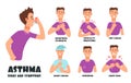 Asthma symptoms with coughing cartoon person. Asthmatic problems vector infographic