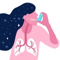 Asthmatic girl breathes with an inhaler.Lungs illness in trendy colors.