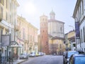 Corso Vittorio Alfieri street with The Torre Rossa and The Chiesa di Santa Caterina Church in the background. Asti, Piedmont,