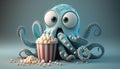 Astonished baby octopus eating popcorn and watching a scary movie, AI generative