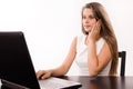 Astonished girl behind a laptop Royalty Free Stock Photo