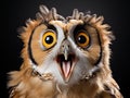 An astonished little owl with its beak open in surprise looks at the camera with its eyes wide open. The concept of strong