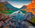 Astonishing autumn scene of Hintersee lake. Attractive morning view of Bavarian Alps on the Austrian border, Germany, Europe Royalty Free Stock Photo