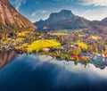 Astonishing autumn view from flying drone of Altaussee village.