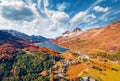 Astonishing autumn view from flying drone of Sils lake. Spectacular morning landscape of Swiss Alps Royalty Free Stock Photo