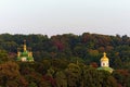 Astonishing morning autumn landscape view of famous Kyiv`s hills against blue sky. Royalty Free Stock Photo