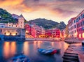 Astonishing morning cityscape of Vernazza port. Splendid summer sunrise on Liguria, Cinque Terre, Italy, Europe. Attractive seasca