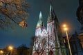 Astonishing night illuminated view of the Saint Nicholas Roman Catholic Cathedral House of Organ Music Royalty Free Stock Photo