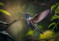 Portrait of a flying hummingbird with blurred green forest in background generative AI