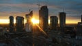 Astonishing red sunset over the Poland skyscrapers. Warsaw at night, aerial Royalty Free Stock Photo