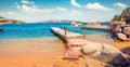 Astonishing summer scene of public beach of Rafael port, Province of Olbia-Tempio, Italy, Europe. Sunny morning view of Sardinia.