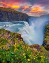 Astonishing summer view of Gullfoss - popular tourist destination. Gorgeous sunrise on Hvita river. Royalty Free Stock Photo