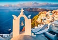 Astonishing summer view of Santorini island. Picturesque morning scene on famous Greek resort Fira, Greece, Europe. Traveling conc