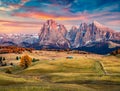 Astonishing sunrise on Alpe di Siusi mountain plateau with Langkofel Sassolungo mountain on background. Beautiful autumn morning