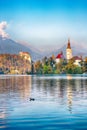 Astonishing sunset view of popular tourist destination  Bled lake Royalty Free Stock Photo