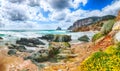 Astonishing  view of beach Portu Cauli in Masua with Pan di Zucchero at background Royalty Free Stock Photo