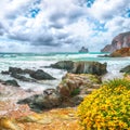 Astonishing view of beach Portu Cauli in Masua with Pan di Zucchero at background